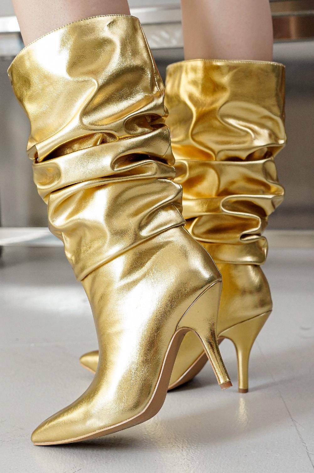 cape robbin Khaite Ruched Stiletto Mid Calf Boots - Gold