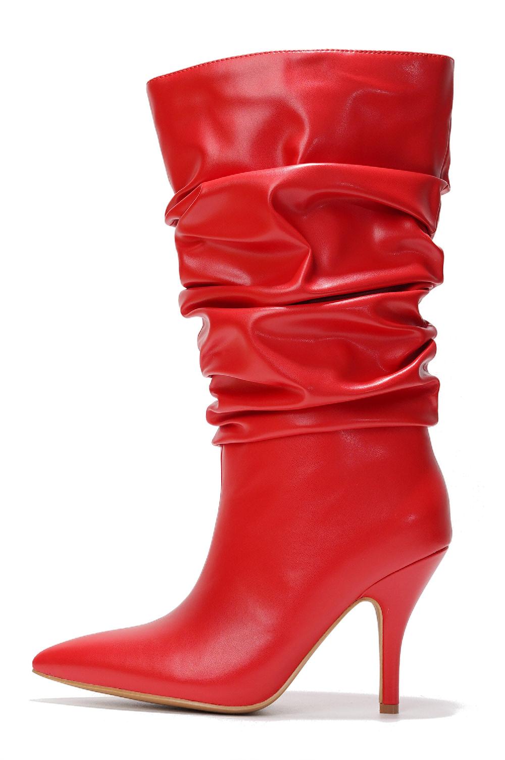 Cape Robbin Khaite Ruched Stiletto Mid Calf Boots - Red