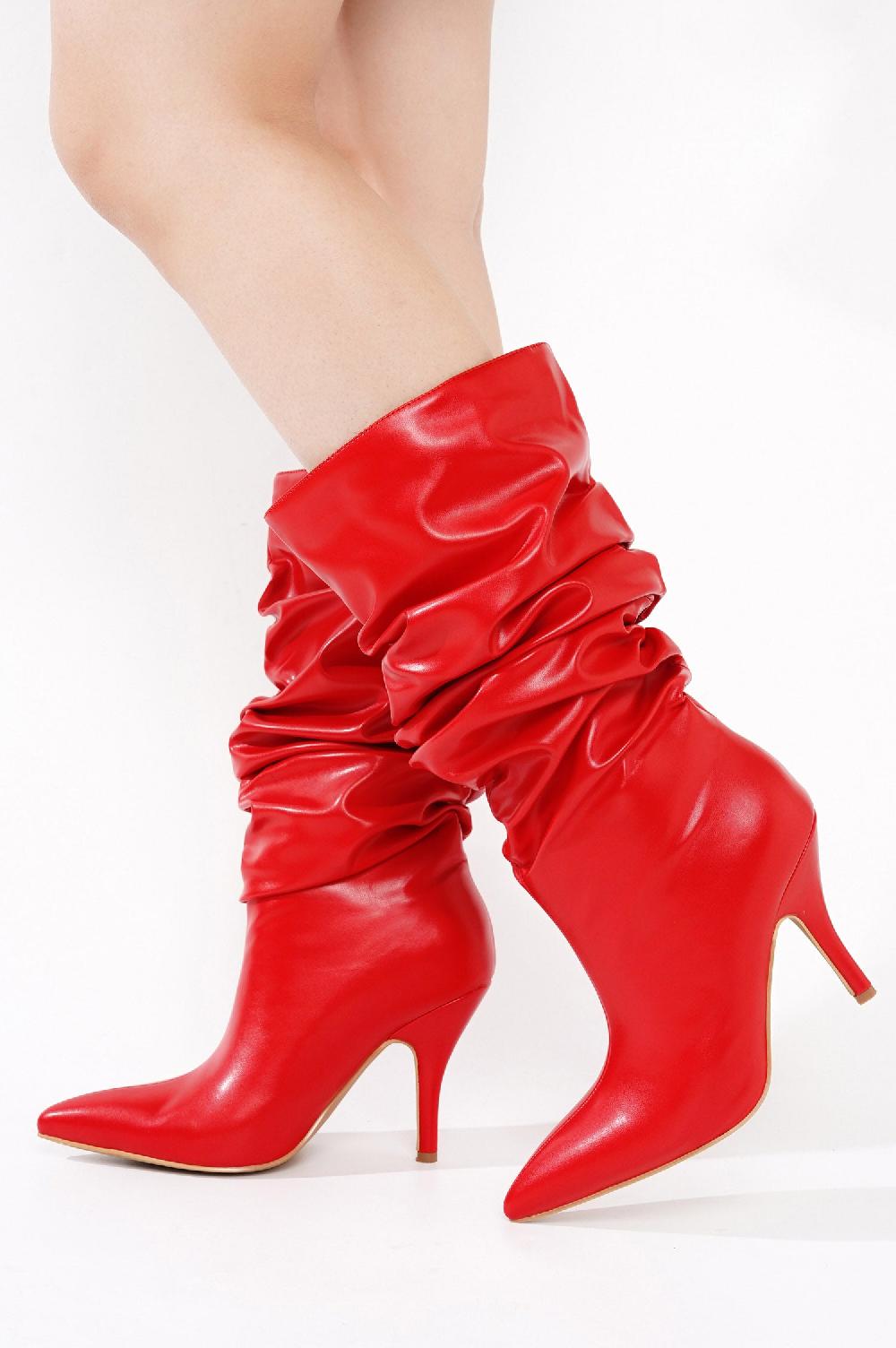 Cape Robbin Khaite Ruched Stiletto Mid Calf Boots - Red