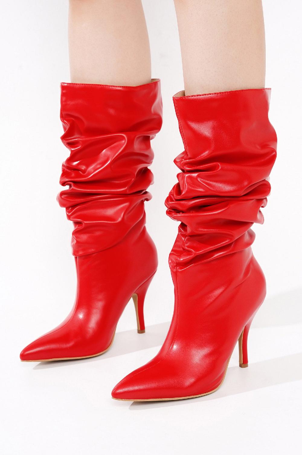 Cape Robbin Khaite Ruched Stiletto Mid Calf Boots - Red