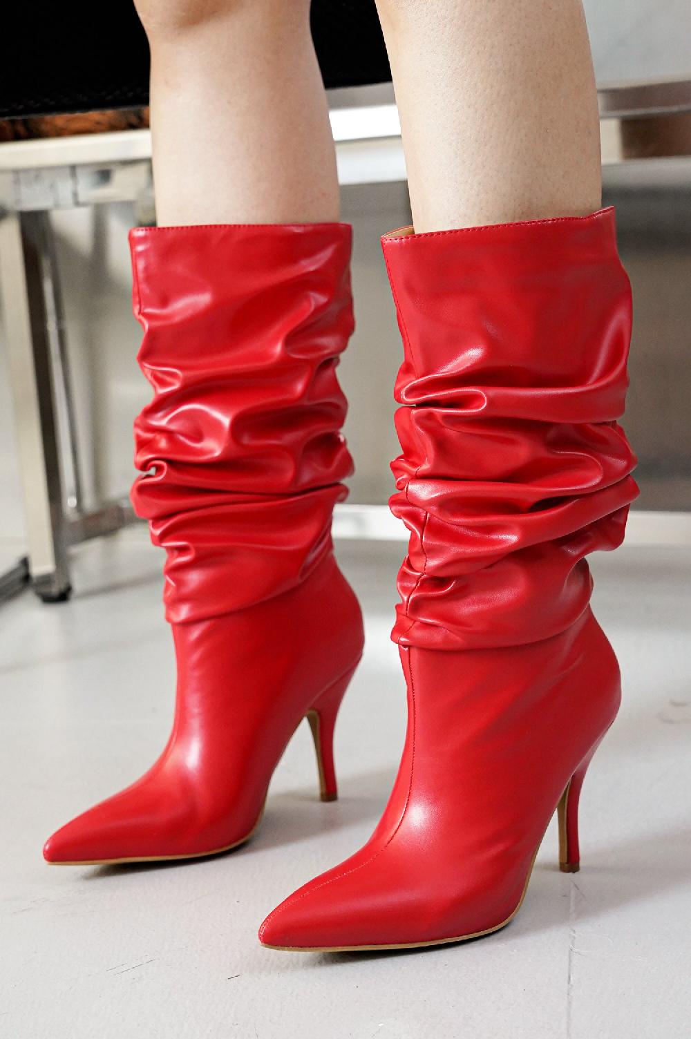 cape robbin Khaite Ruched Stiletto Mid Calf Boots - Red