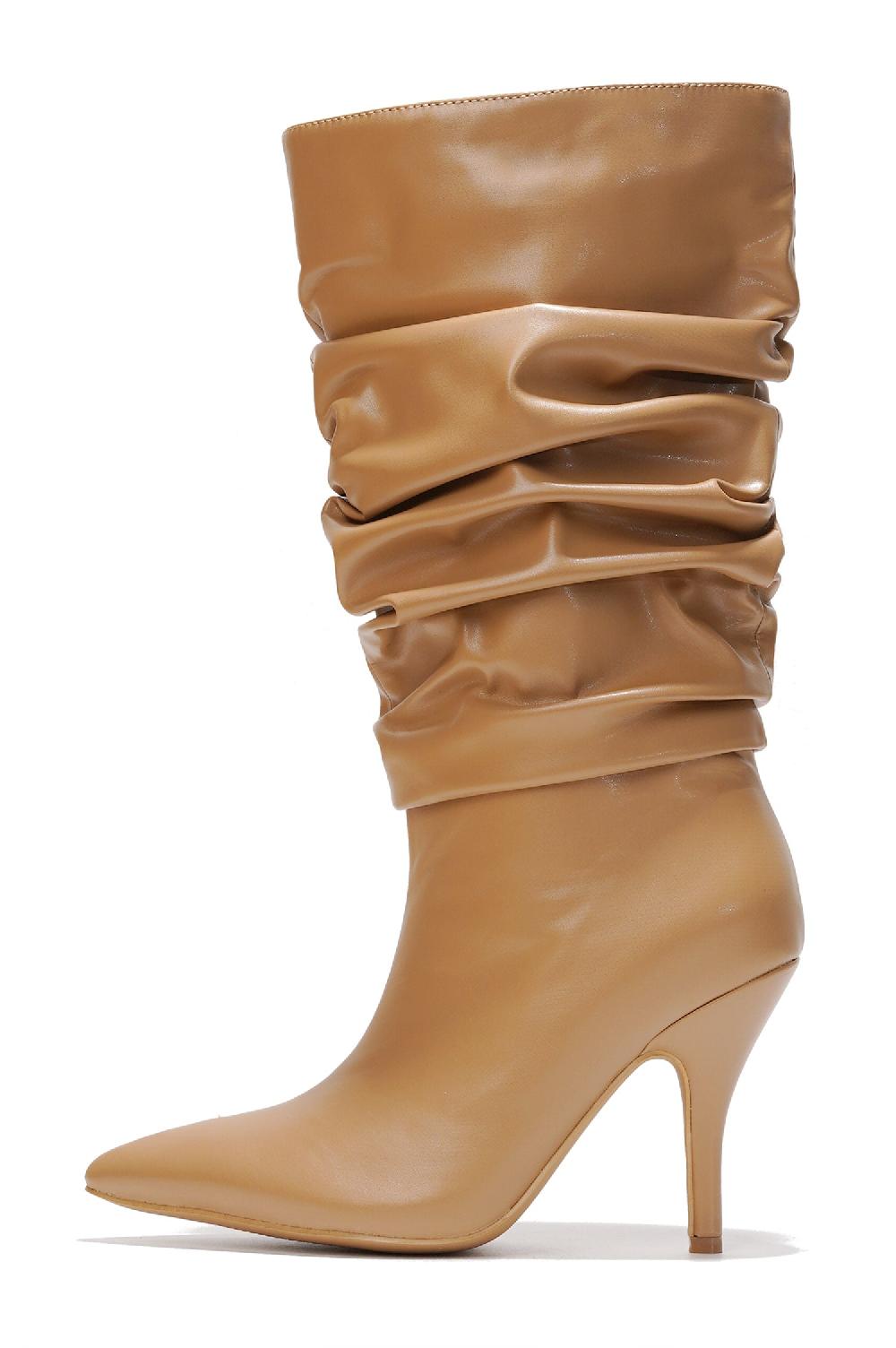 Cape Robbin Khaite Ruched Stiletto Mid Calf Boots - Taupe