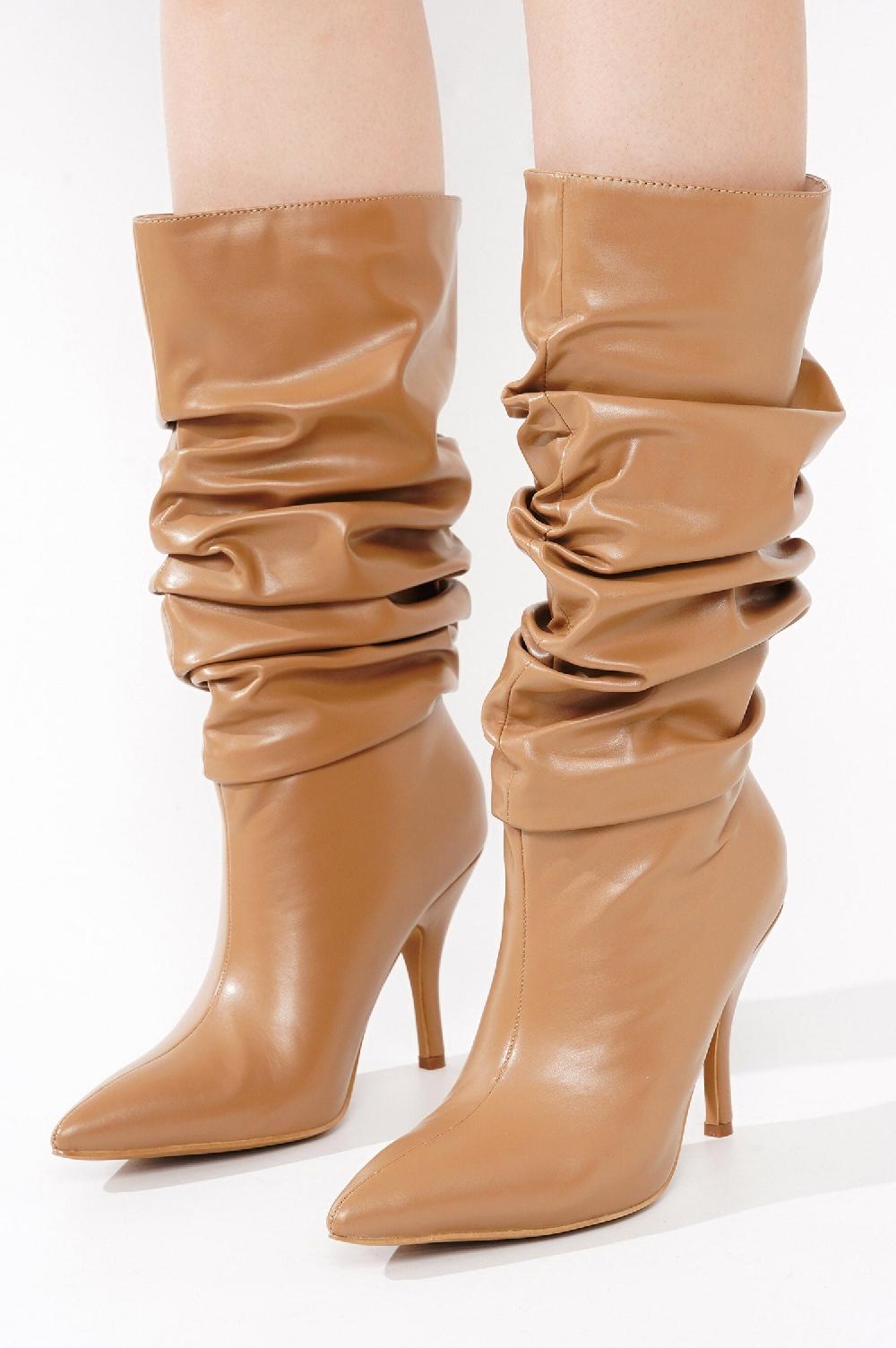 Cape Robbin Khaite Ruched Stiletto Mid Calf Boots - Taupe