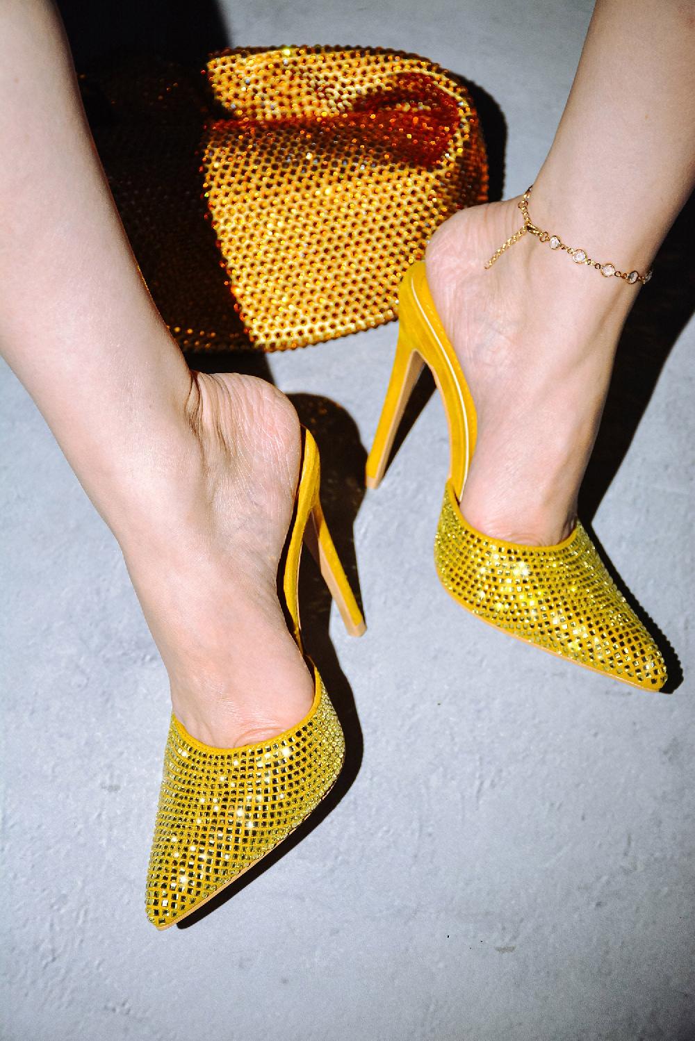 cape robbin Klayton Embellished Suede Pointy Toe Heels - Mustard