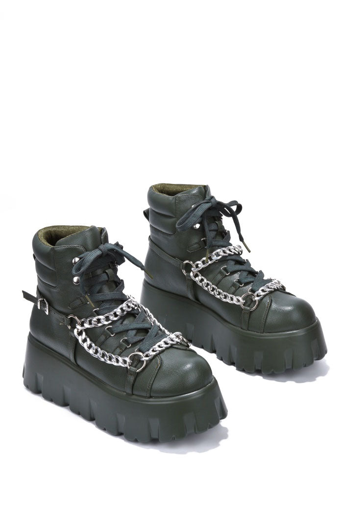 Cape Robbin Kristan Chain Round Toe Platform Lug Booties - Green