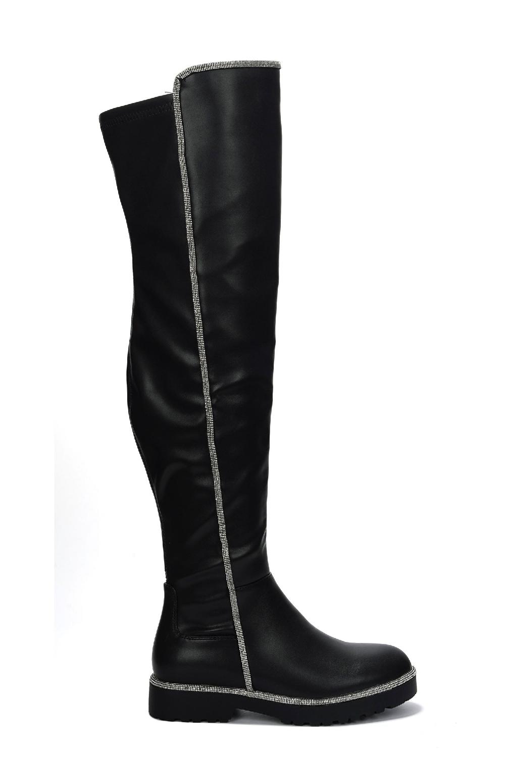 Cape Robbin Kuri Rhinestone-Lined Thigh High Boots - Black