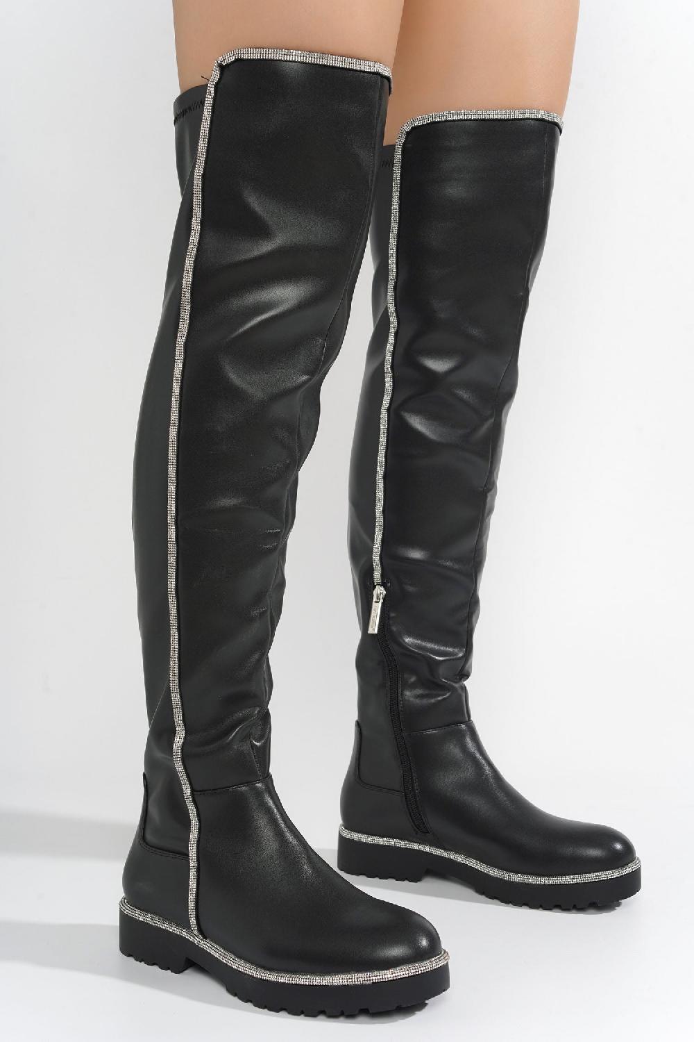 Cape Robbin Kuri Rhinestone-Lined Thigh High Boots - Black