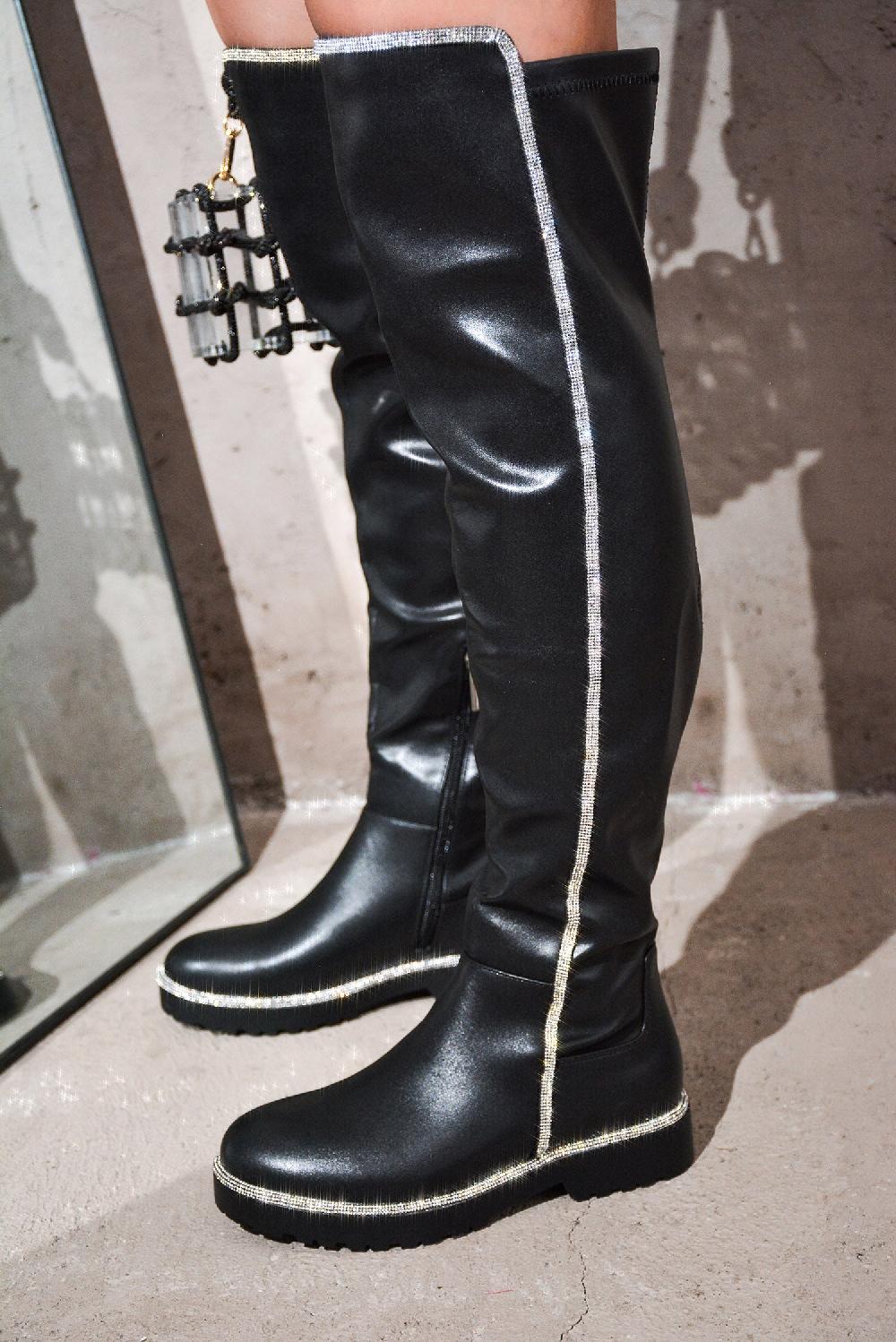 cape robbin Kuri Rhinestone-Lined Thigh High Boots - Black