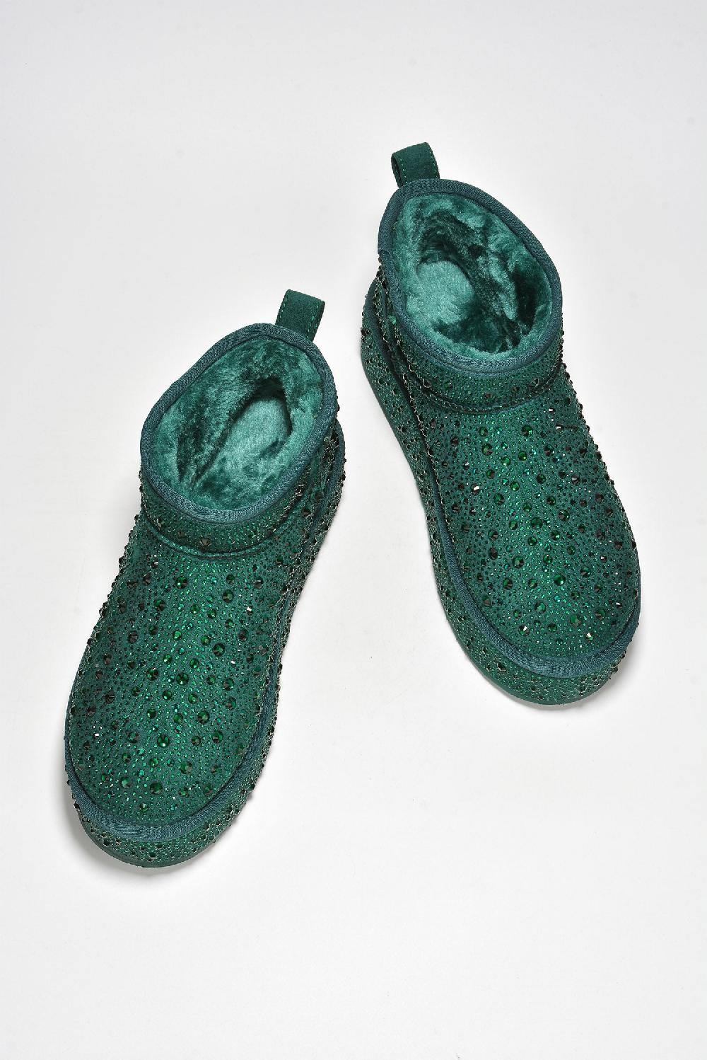 Cape Robbin Kyumi Rhinestone Suede Fur-Lined Booties - Green