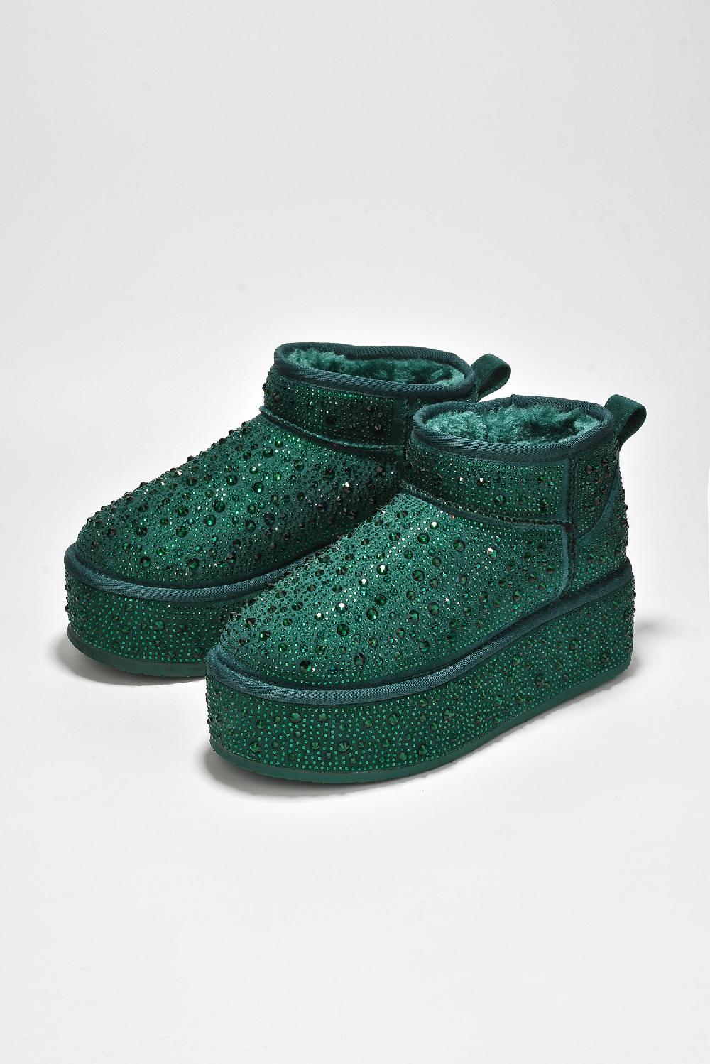 cape robbin Kyumi Rhinestone Suede Fur-Lined Booties - Green