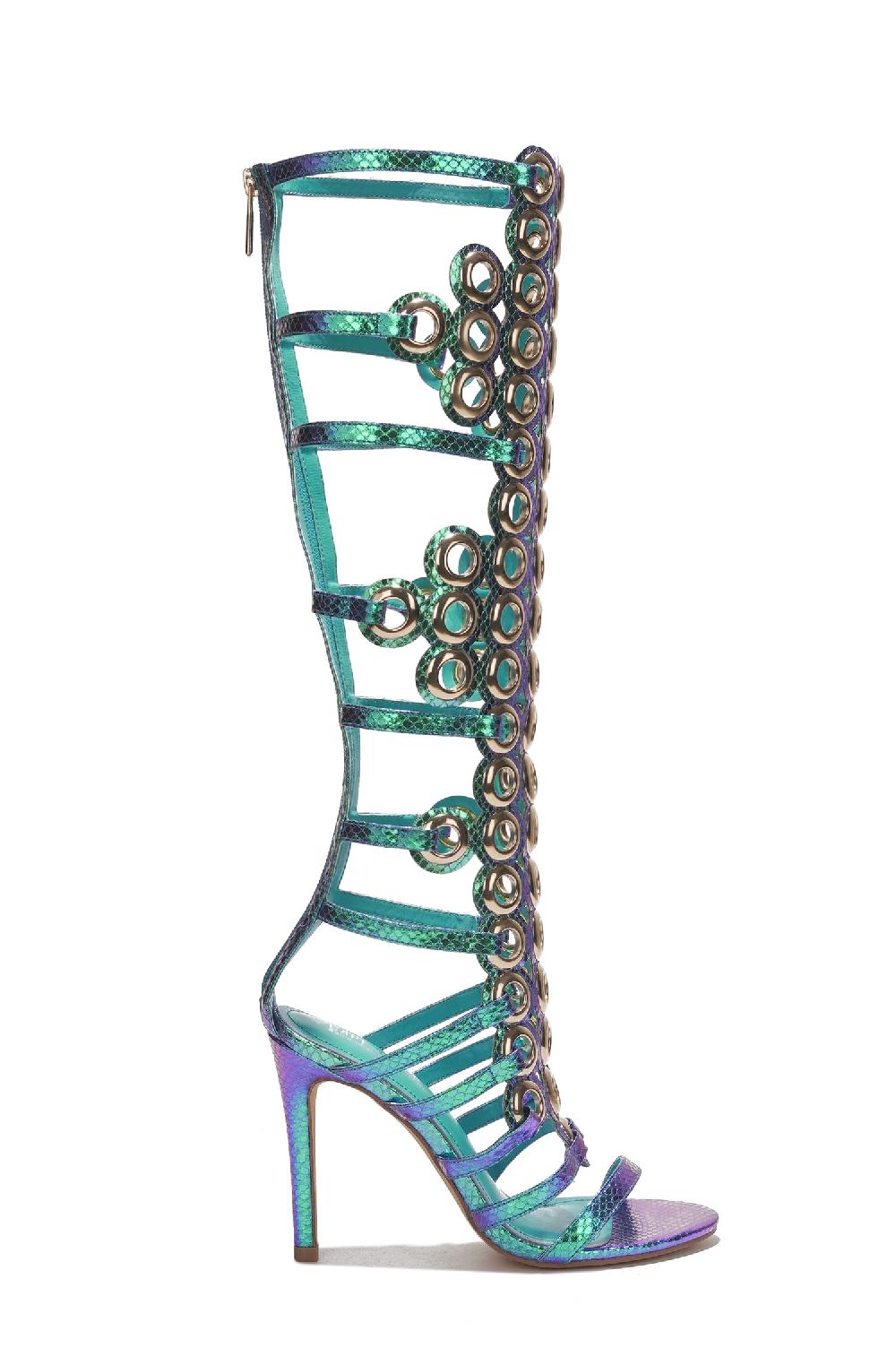 Cape Robbin Lalalyn Grommets Round Toe Knee-High Heels - Mermaid