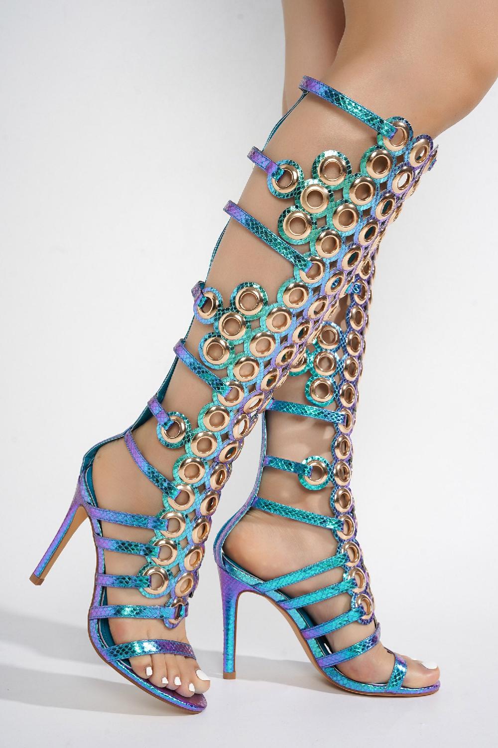 Cape Robbin Lalalyn Grommets Round Toe Knee-High Heels - Mermaid