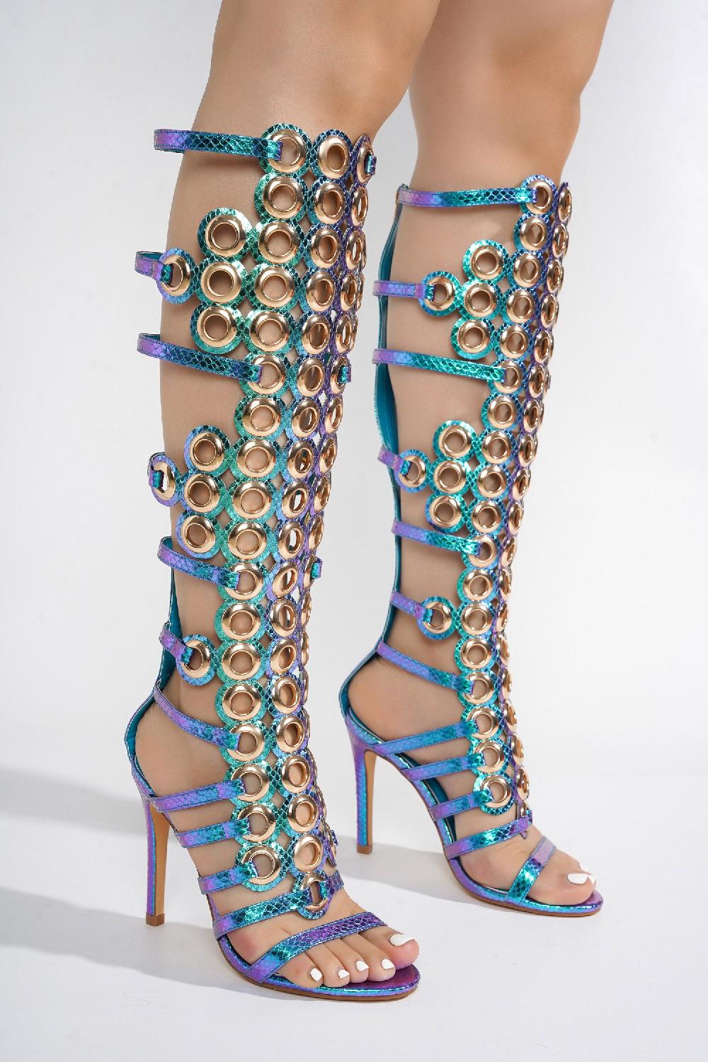 Cape Robbin Lalalyn Grommets Round Toe Knee-High Heels - Mermaid