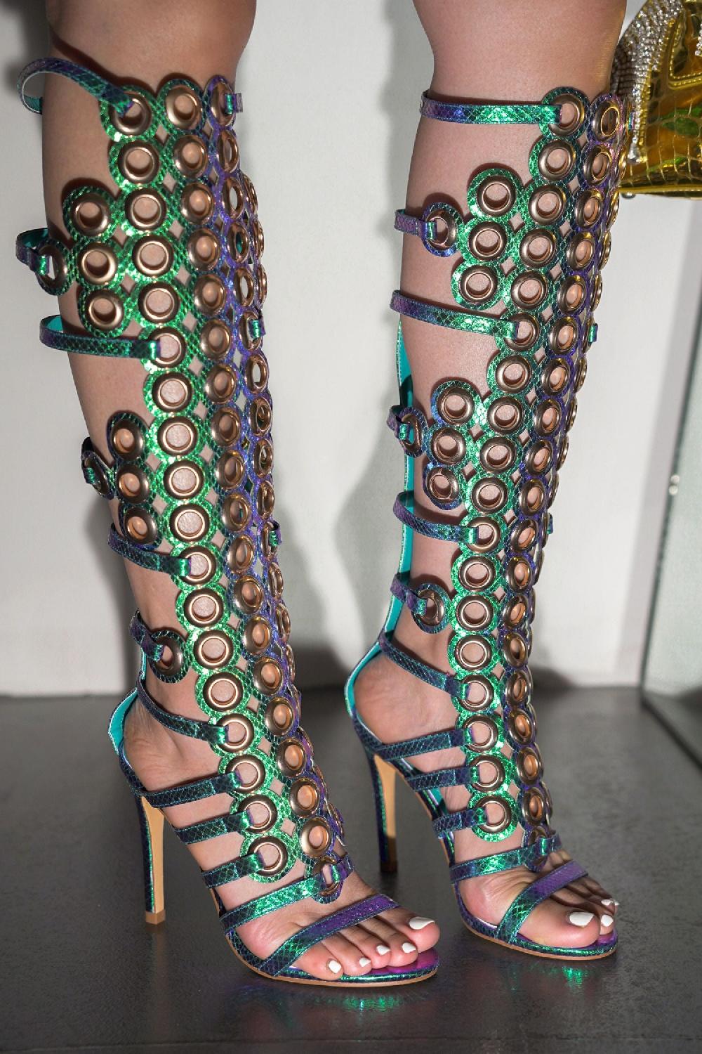 cape robbin Lalalyn Grommets Round Toe Knee-High Heels - Mermaid