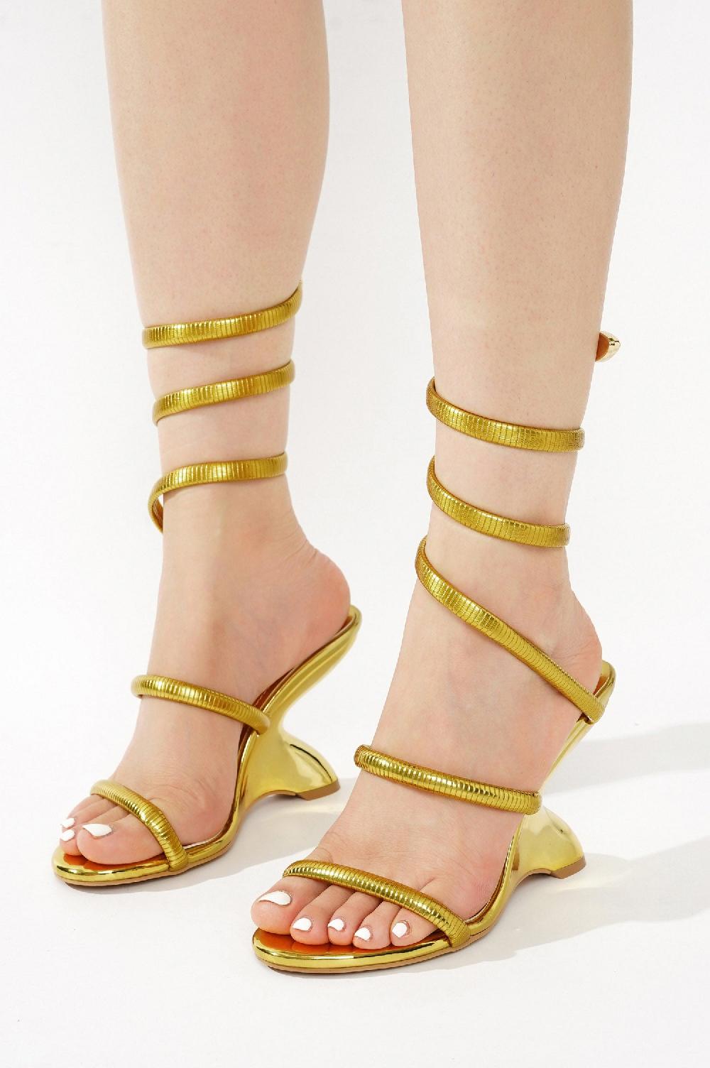 Cape Robbin Laryssa Spiral Wrap-around Strappy Heels - Gold