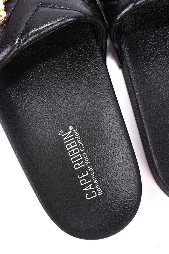 Cape Robbin Layton Chain Round Toe Flat Sandals - Black