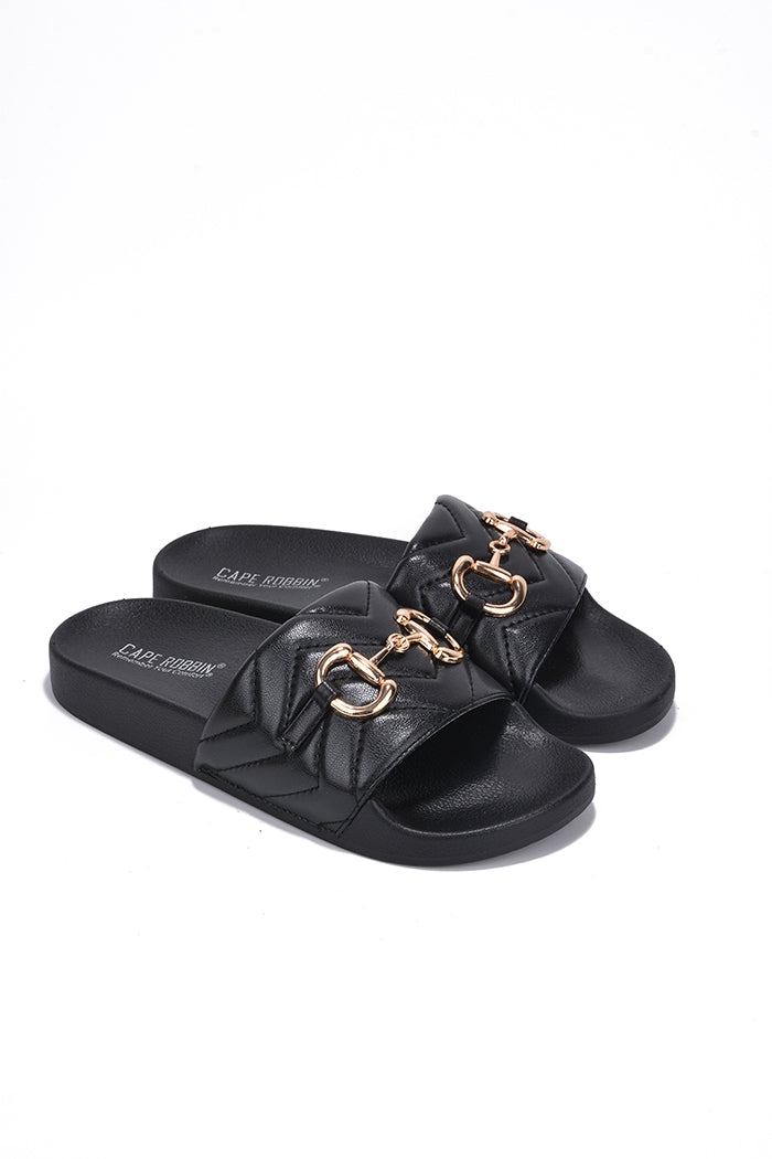 cape robbin Layton Chain Round Toe Flat Sandals - Black
