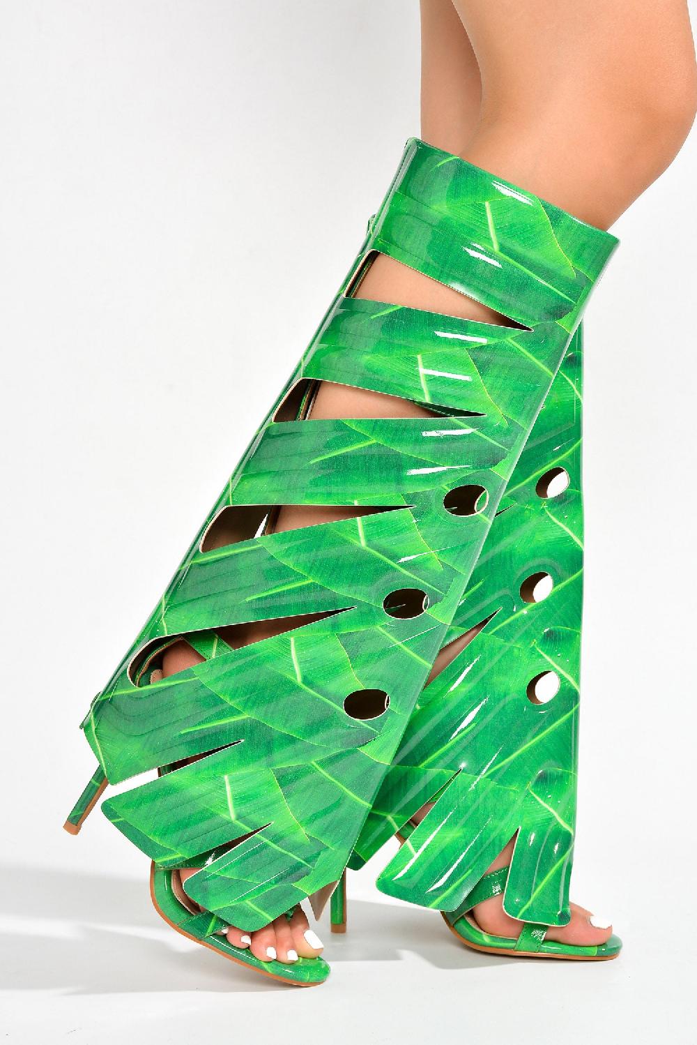 Cape Robbin Leaf Round Toe Single Sole High Heels - Print