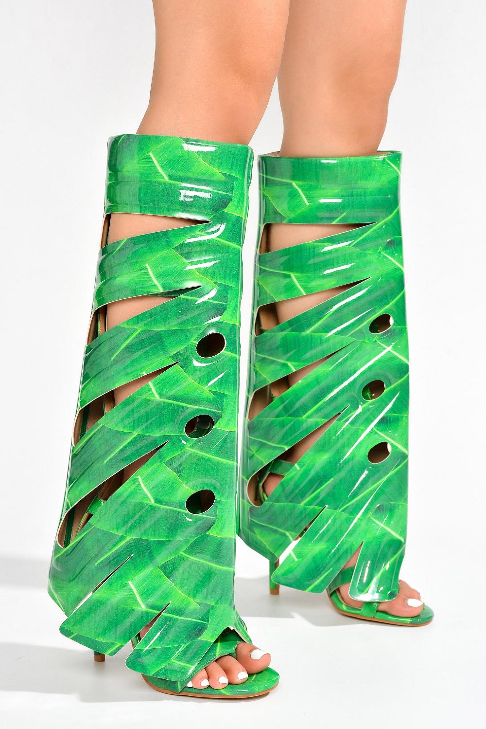 Cape Robbin Leaf Round Toe Single Sole High Heels - Print