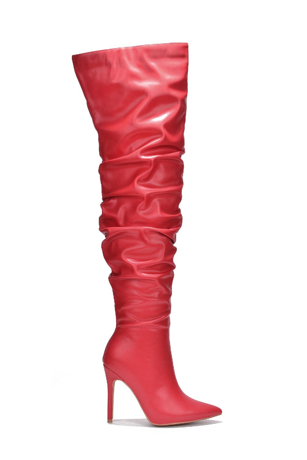 Cape Robbin Leexa Pointy Toe Thigh-High Slouch Heel Boots - Red
