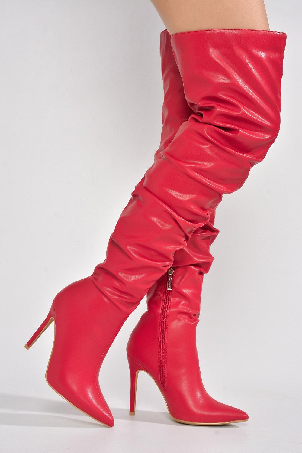 Cape Robbin Leexa Pointy Toe Thigh-High Slouch Heel Boots - Red