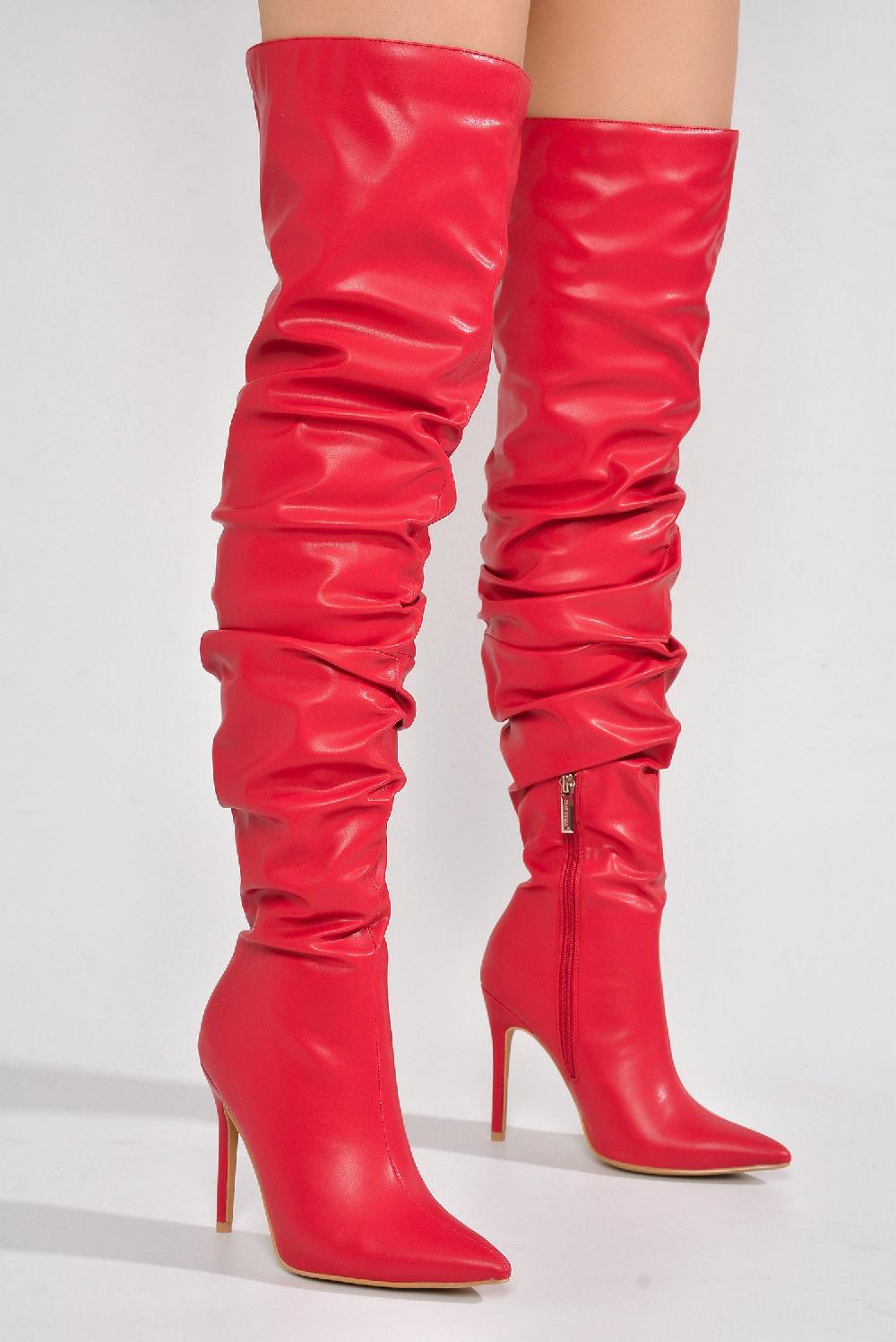 Cape Robbin Leexa Pointy Toe Thigh-High Slouch Heel Boots - Red