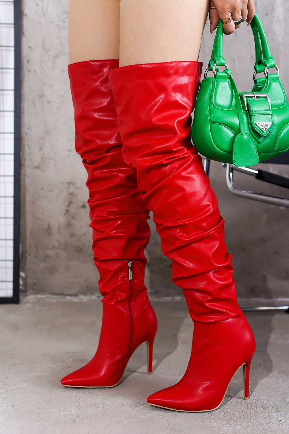 cape robbin Leexa Pointy Toe Thigh-High Slouch Heel Boots - Red