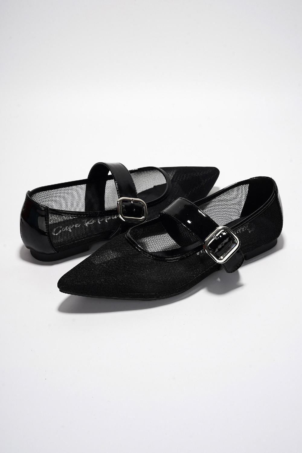 Cape Robbin Linzy Buckle Strap Point Toe Ballet Flats - Black