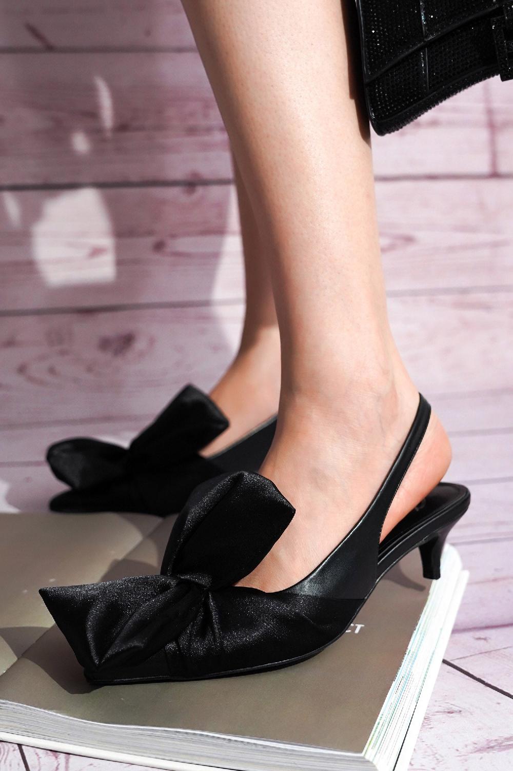 cape robbin Lisandra Oversized Bow Slingback Kitten Heel Pumps - Black