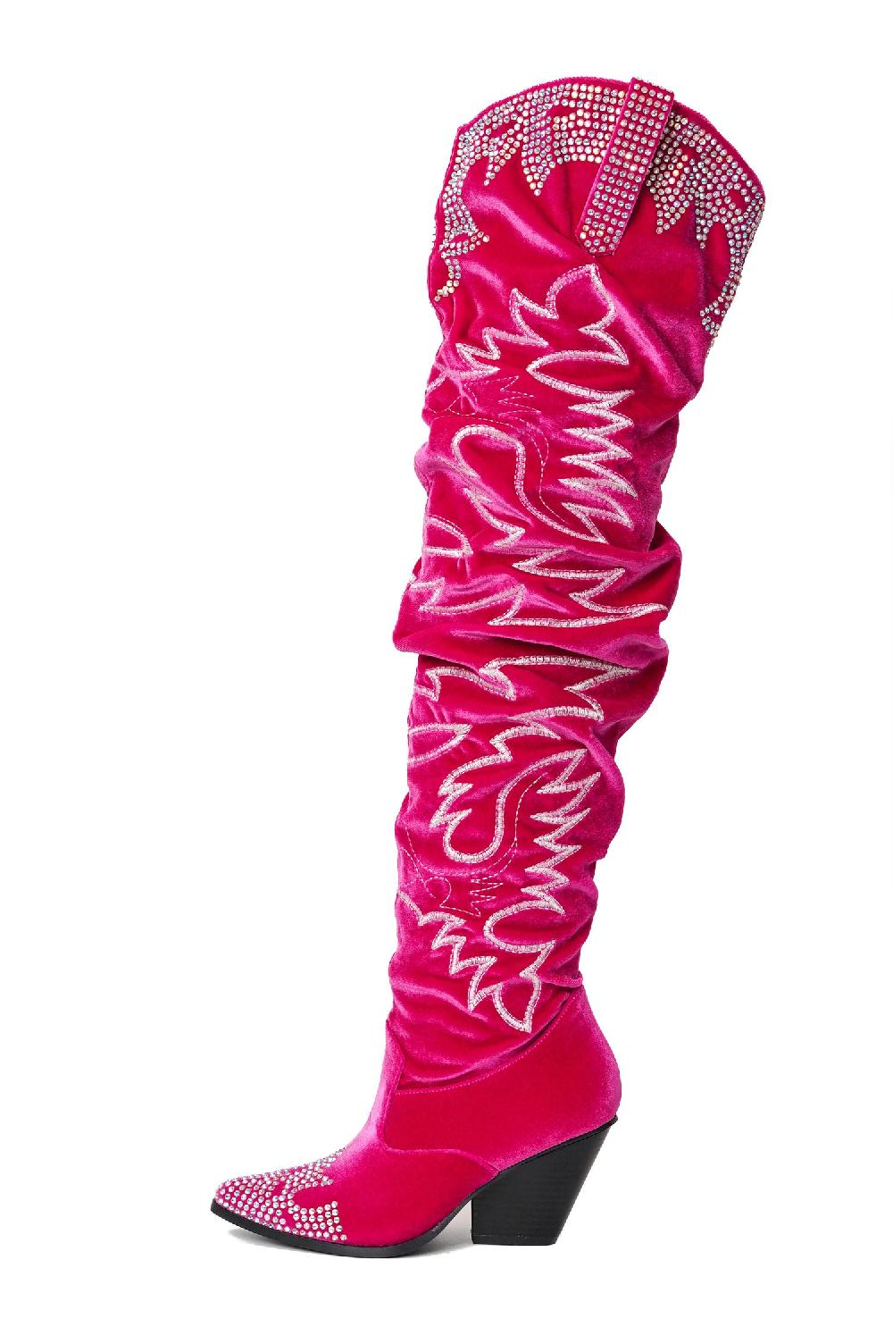 Cape Robbin Lish Velvet Rhinestone Thigh High Slouchy Western Boots - Fuchsia