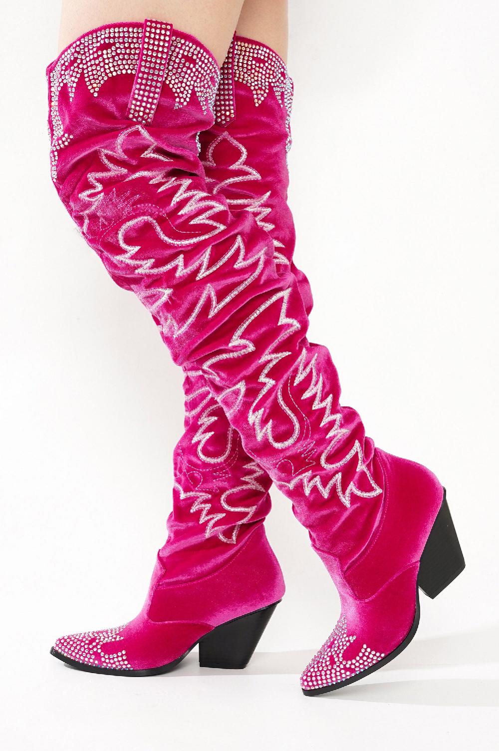Cape Robbin Lish Velvet Rhinestone Thigh High Slouchy Western Boots - Fuchsia
