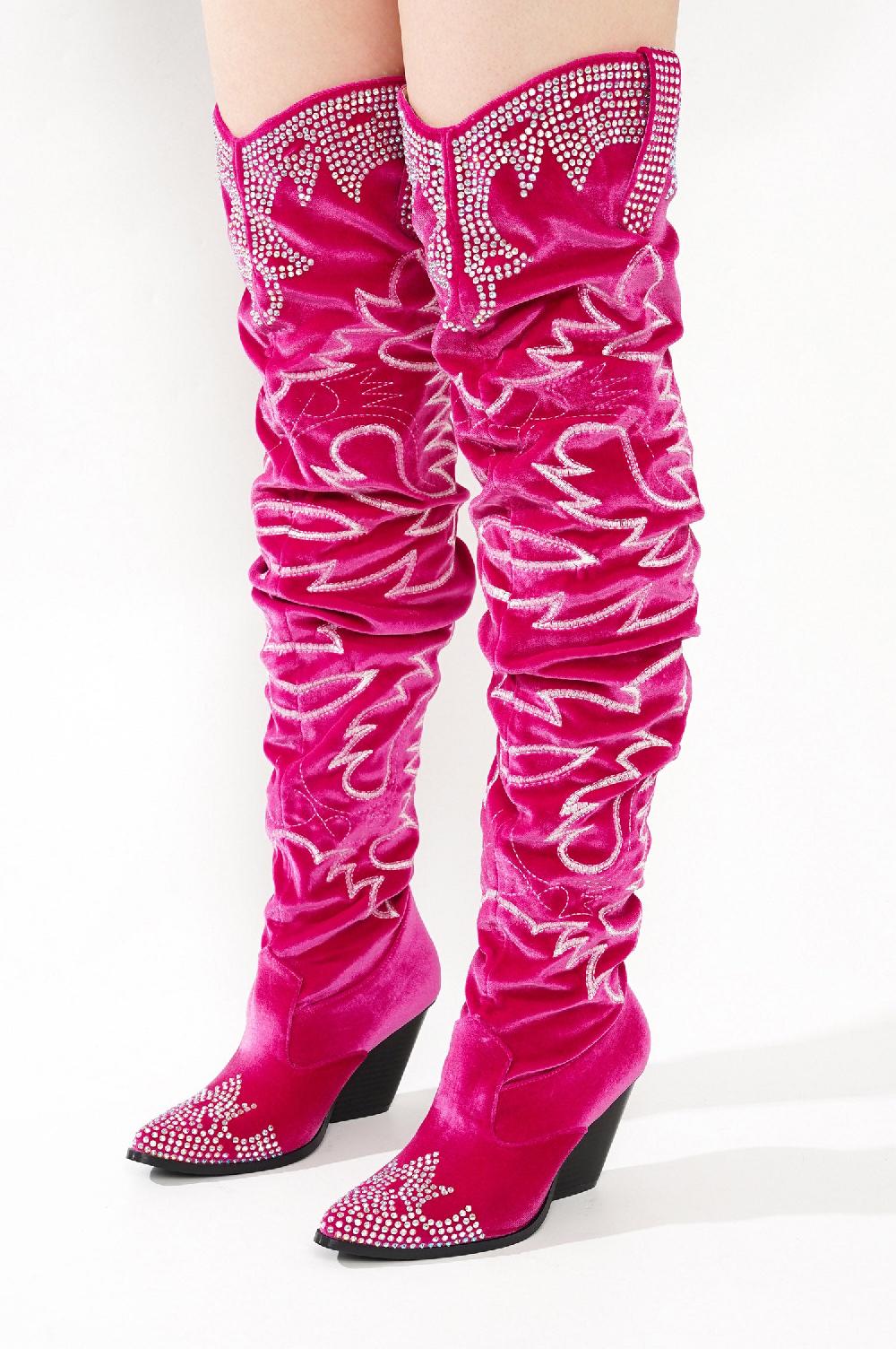 Cape Robbin Lish Velvet Rhinestone Thigh High Slouchy Western Boots - Fuchsia