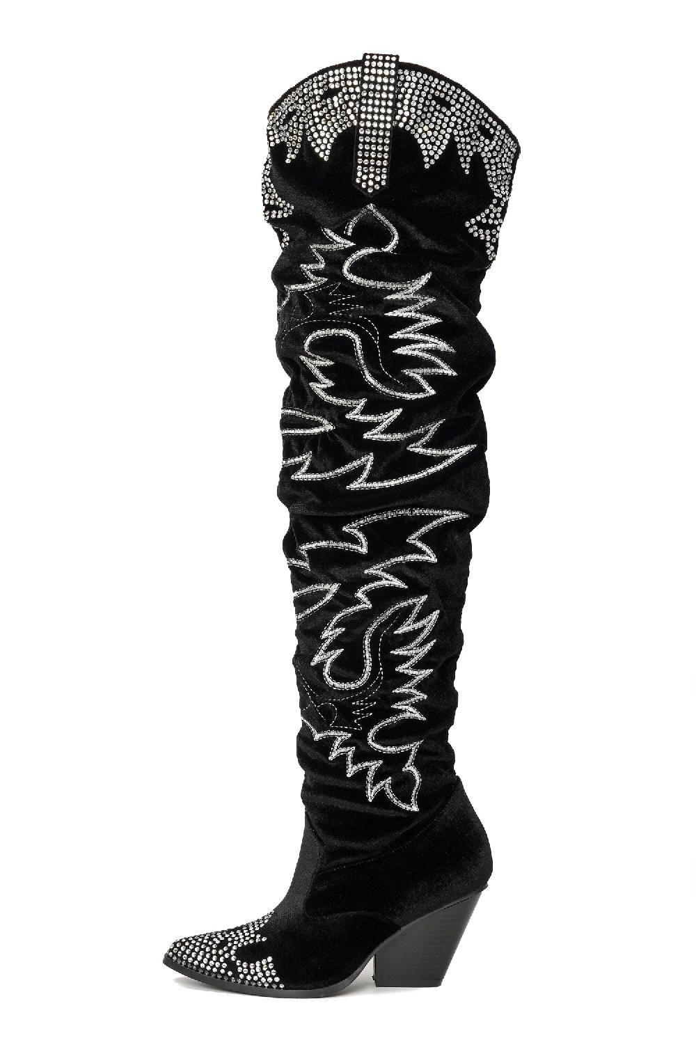 Cape Robbin Lish Velvet Rhinestone Thigh High Slouchy Western Boots - Black