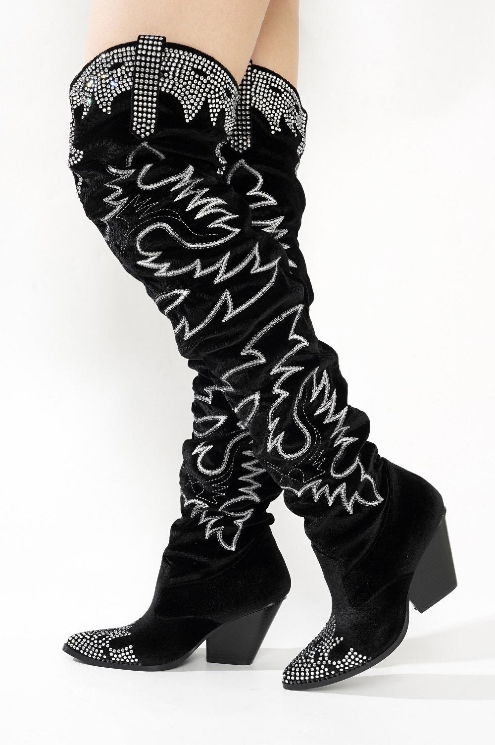 Cape Robbin Lish Velvet Rhinestone Thigh High Slouchy Western Boots - Black