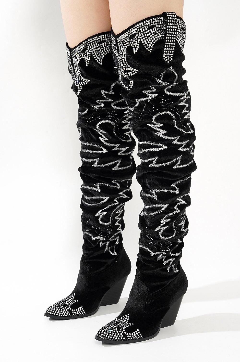Cape Robbin Lish Velvet Rhinestone Thigh High Slouchy Western Boots - Black