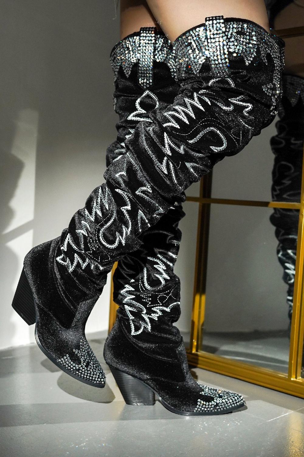 cape robbin Lish Velvet Rhinestone Thigh High Slouchy Western Boots - Black