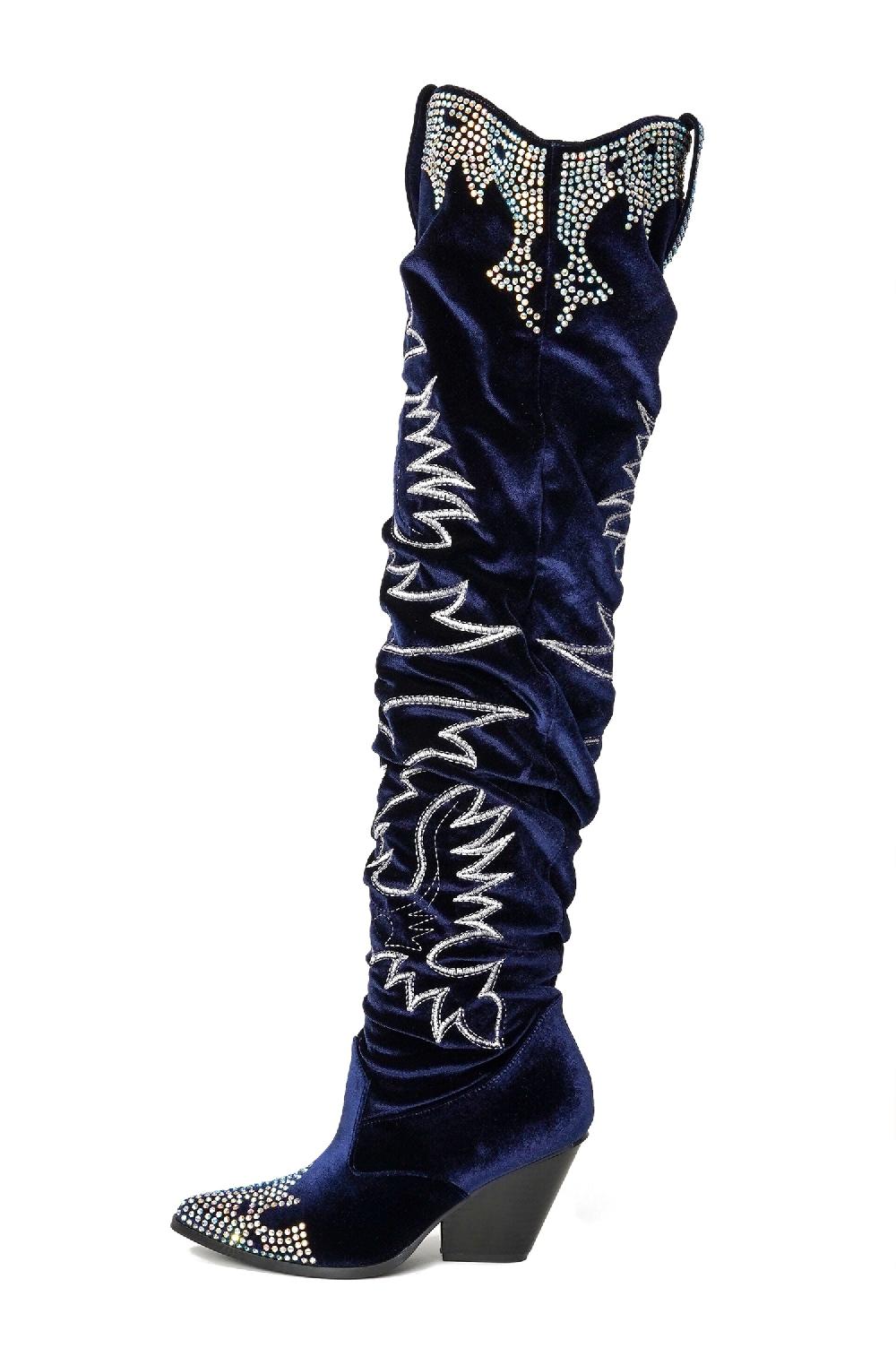 Cape Robbin Lish Velvet Rhinestone Thigh High Slouchy Western Boots - Blue