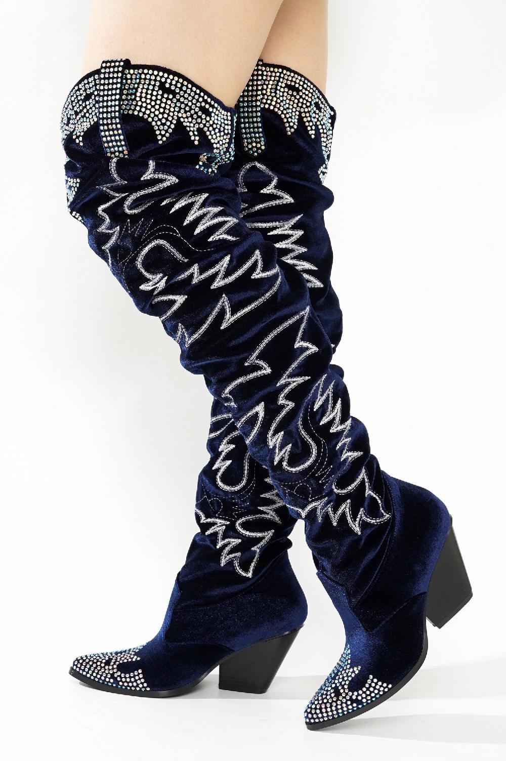 Cape Robbin Lish Velvet Rhinestone Thigh High Slouchy Western Boots - Blue