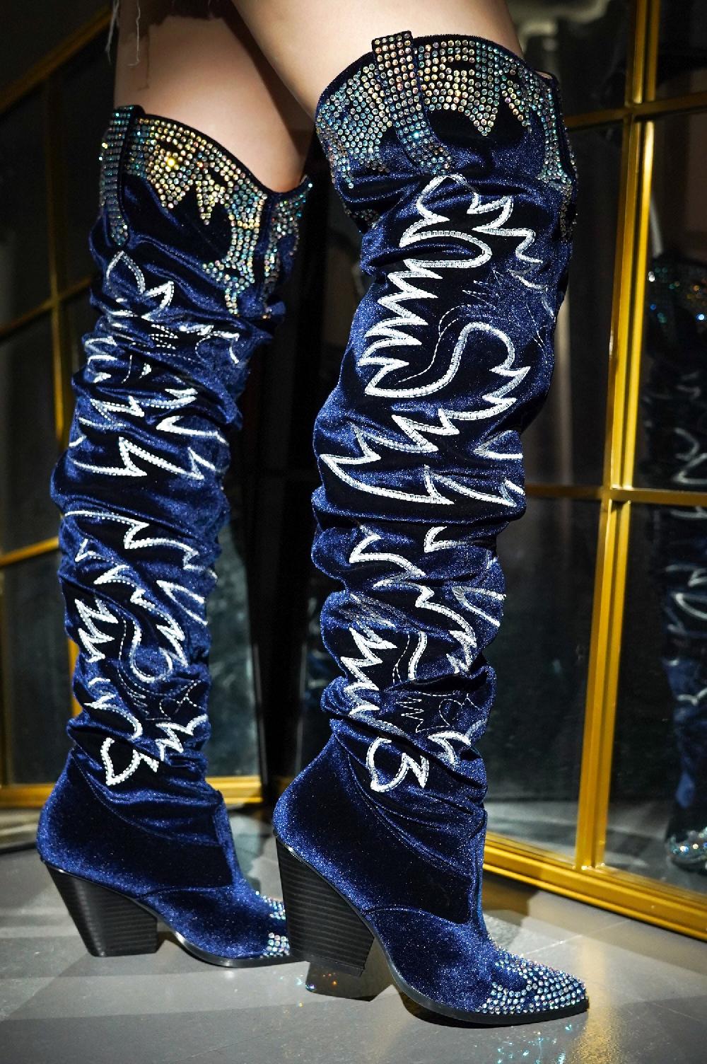 cape robbin Lish Velvet Rhinestone Thigh High Slouchy Western Boots - Blue