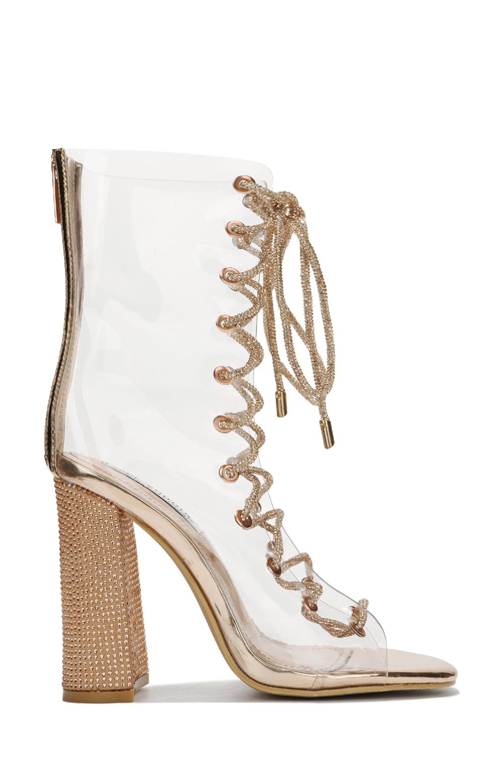 Cape Robbin Lookey Clear Lace Up Rhinestone Ankle Boots - Rose Gold