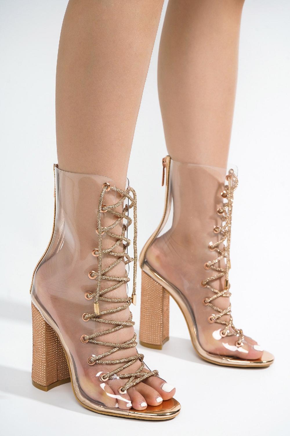 Cape Robbin Lookey Clear Lace Up Rhinestone Ankle Boots - Rose Gold