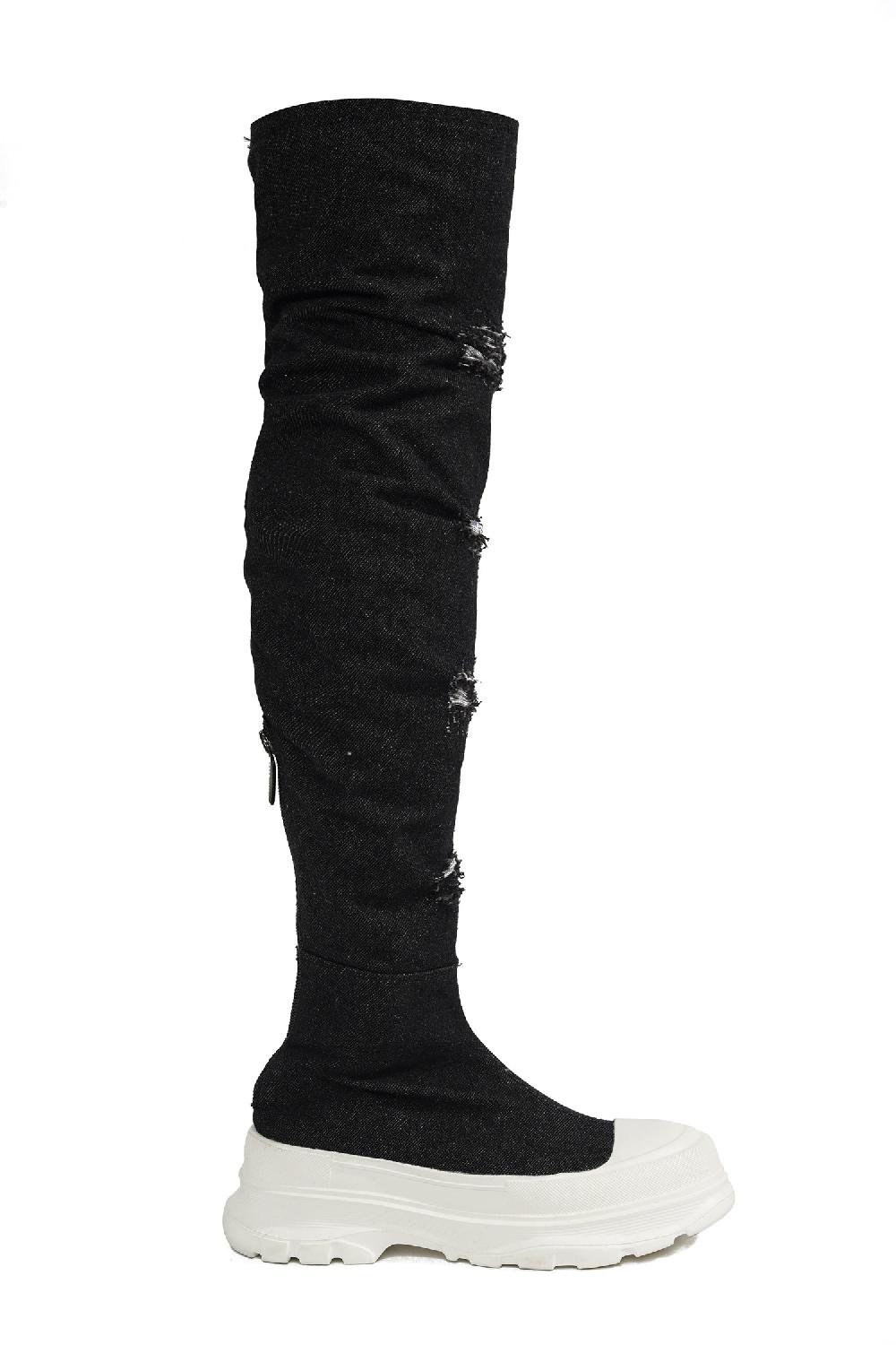 Cape Robbin Looks Chunky Sole Thigh High Denim Sneakers - Black