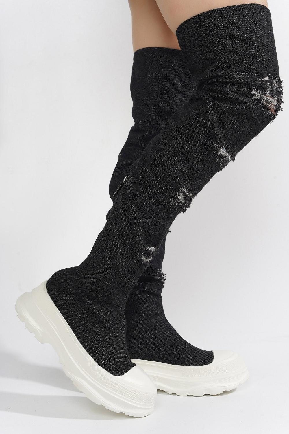 Cape Robbin Looks Chunky Sole Thigh High Denim Sneakers - Black