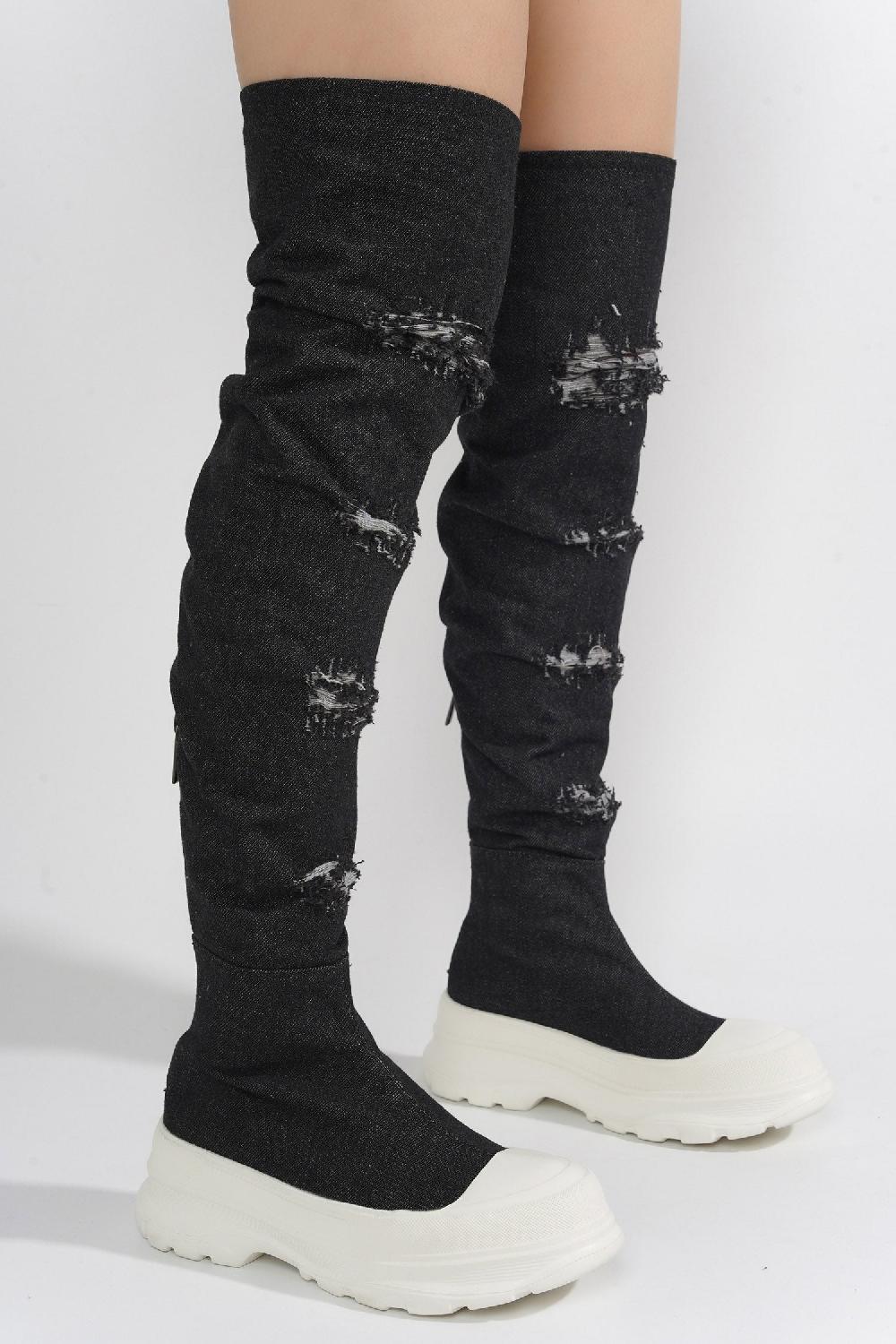 Cape Robbin Looks Chunky Sole Thigh High Denim Sneakers - Black