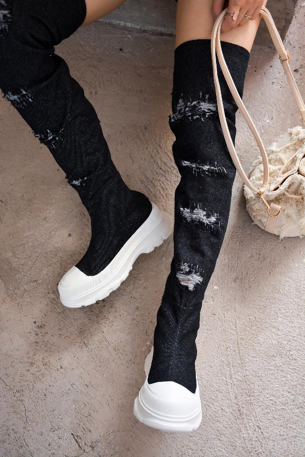 cape robbin Looks Chunky Sole Thigh High Denim Sneakers - Black