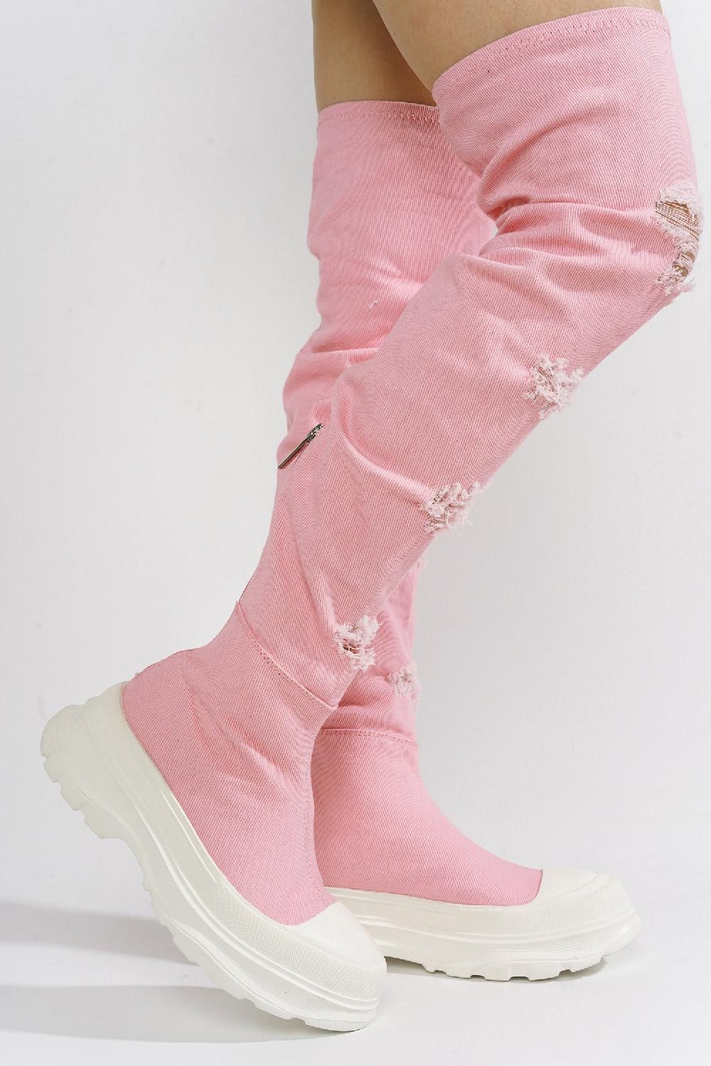Cape Robbin Looks Chunky Sole Thigh High Denim Sneakers - Pink