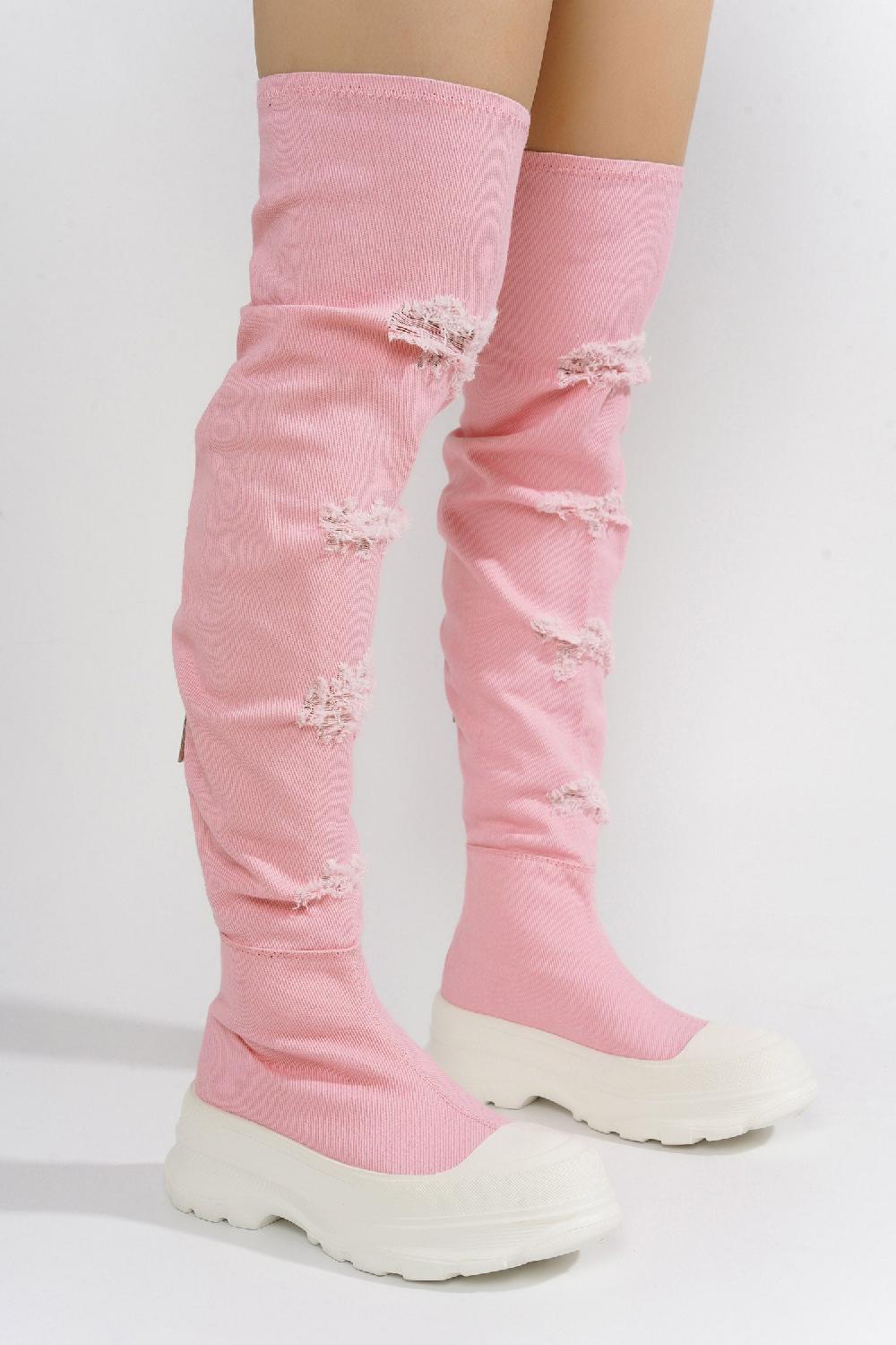 Cape Robbin Looks Chunky Sole Thigh High Denim Sneakers - Pink