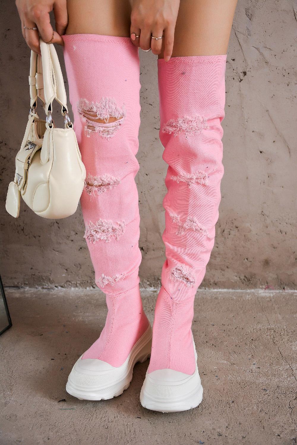 cape robbin Looks Chunky Sole Thigh High Denim Sneakers - Pink