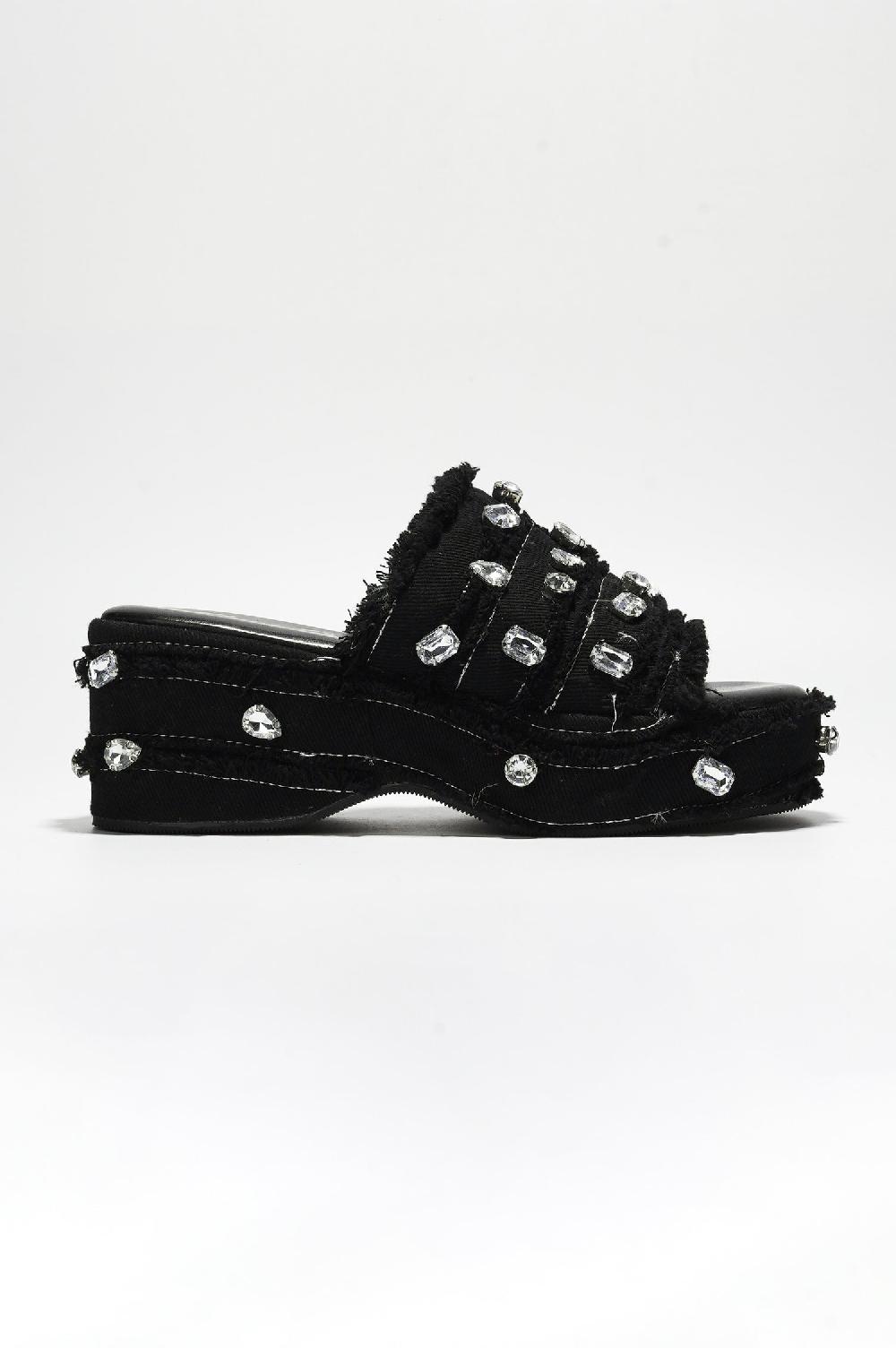 Cape Robbin Magnollia Raw Hem Rhinestone Platform Sandals - Black
