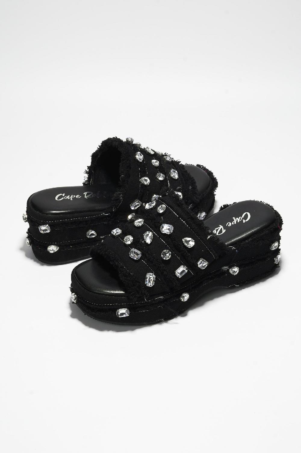 Cape Robbin Magnollia Raw Hem Rhinestone Platform Sandals - Black